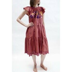 Ulla Johnson Embroidered Tiered Midi Dress Ruffled Neckline Flutter Sleeve